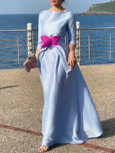 Three-Quarter Sleeves Solid Color Tied Waist Boat Neck Maxi Dresses Flower Gown Dress, Flower Gown, Plain Dress, Cotton Blends Dress, Crewneck Dress, Maxi Dress Blue, Evening Attire, Types Of Dresses, Dress With Bow