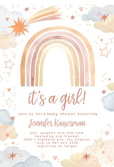 it's a girl baby shower card with watercolor rainbows and stars in the sky