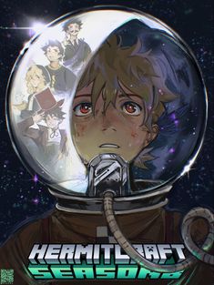 an anime character wearing a space suit with his head in a glass ball, surrounded by other characters