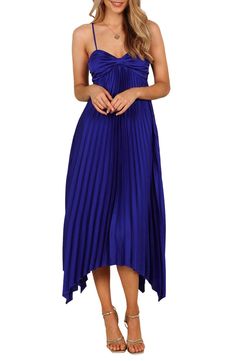 Allover pleats lend graceful movement to this rich satin maxi designed with slender adjustable straps and a drapey asymmetric hem. Slips on over head Sweetheart neck Adjustable straps Partially lined 100% polyester Hand wash, dry flat Imported Spring Pleated Pre-draped Midi Dress, Pre-draped Maxi Dress With Folds, Spring Satin Maxi Dress With Pleated Back, Summer Satin Maxi Dress With Pleated Back, Spring Gala Maxi Dress With Folds, Spring Gala Dress With Folds, Fitted Satin Pleated Maxi Dress, Pleated Fitted Satin Maxi Dress, Strapless Pleated Maxi Dress For Party