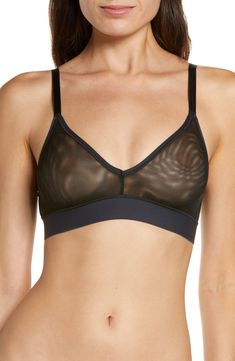 Mesmerizing sheer mesh elevates a plunging bralette designed with triangle cups and a comfy wide band. V-neck Adjustable straps 90% nylon, 10% elastane Hand wash, line dry Imported Sheer Bralette, Sheer Bra, Under My Skin, Mesh Bra, White Bras, Soft Cup Bra, Cup Bra, Soft Cup, T Shirt Bra