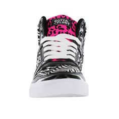 The best hot pink hip hop sneakers target the young population of hip hop dancers. Whether you're relaxing on the dance floor or hanging out, these zebra print girl's fashion sneakers from Gottflurt are a hit, combining high fashion with streetwear. This sleek girls high top fashion sneaker is glittery and glamorous with shimmery colors, canvas upper, padded tongue, and lace-up fastening. The footbed of these hip-hop dance shoes is cushioned for shock absorption and comfort and has a rubber outsole that promotes traction during hip-hop dance. Features Pat Pu and Canvas upper Padded tongue and collar Cushioned insole Rubber outsole Sneakers Target, Scenecore Clothes, Dance Shoes Hip Hop, Emo Shoes, Scene Shoes, Hip Hop Sneakers, Girls Combat Boots, Hot Pink Fashion, Dance Sneakers