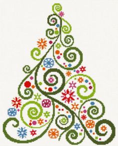 a drawing of a christmas tree with swirls and snowflakes on the bottom