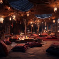 a room filled with lots of pillows and lights on the ceiling next to a fire pit