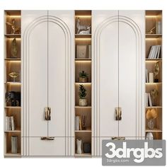 two white cupboards with gold handles and shelves filled with books, vases and other items