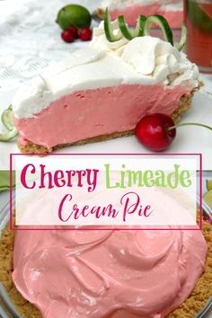 a slice of cherry limeade ice cream pie on a plate