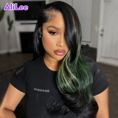 Highlight Green with Black Color Transparent Body Wave 13x6 13x4 Lace Frontal Human Wigs for Women Black Lace Wig, Twisted Hair, Frontal Wig Hairstyles, Wig Styling, Human Wigs, Pretty Hair Color, Slick Hairstyles, Hair Laid, Dope Hairstyles