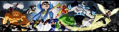 an animated image of many superheros in different colors and sizes, all standing together