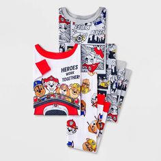 Make your little one excited for bedtime with this 4-Piece Snug-Fit PAW Patrol Cotton Pajama Set. This set includes two pairs of PJs, with each piece crafted from 1x1 rib, 100% cotton for all-night cozy comfort. One pair includes a long-sleeve sleep tee with an illustration of Chase, Marshall, Skye and Rubble riding a firetruck with the caption "Heroes Work Together!" and coordinating white sleep pants with Chase, Marshall, Skye and Rubble graphics. The other pair includes a long-sleeve sleep te Paw Patrol Pajamas, Cotton Pajama Set, Paw Patrol Pups, Disney Pajamas, Comic Book Style, Cotton Pajama Sets, Sleep Pants, Mickey Mouse And Friends, Toddler Boy Outfits