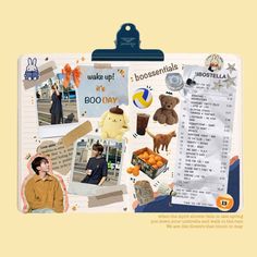 a clipboard with pictures of people and things on it that include books, magazines, movies, and more