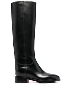 knee-length leather boots from SANTONI featuring black, leather, high-shine finish, tonal stitching, almond toe, short side zip fastening, knee-length, branded leather insole and flat rubber sole. Leather Boots Black, Knee Length Boots, Boots Knee, Shoe Closet, Long Boots, Boots And Sneakers, Ballet Flat Shoes, Pump Sandals, Ski Wear