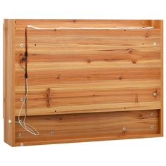 a wooden shelf with wires attached to the top and bottom part of it, on an isolated white background