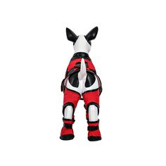 an inflatable dog is wearing red and black gear on it's back