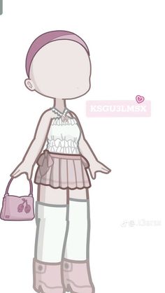 a drawing of a girl with pink hair holding a handbag and wearing white pants