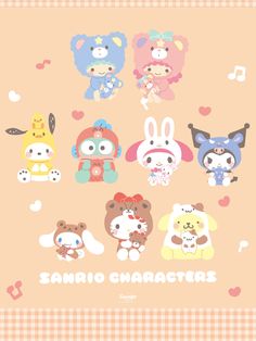 some cute little animal stickers on a pink background with the words sanrio characters