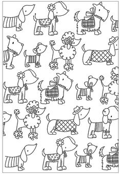 a drawing of dogs with different outfits and patterns on them, all in black and white