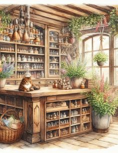 a painting of a cat sitting on the counter in a kitchen with potted plants