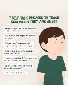 a person with their eyes closed and the words 7 self - talk phrases to teach kids when they are angry