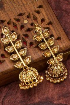 Buy Women's Alloy Jhumka Earrings in Gold Work Earrings, Gold Jhumka, Gold Jhumka Earrings, Chandbali Earrings, Color Earrings, Kundan Earrings, Alloy Earrings, Gold Alloys, Jhumka Earrings