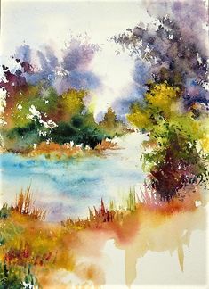 a watercolor painting of trees and grass by a lake with blue sky in the background