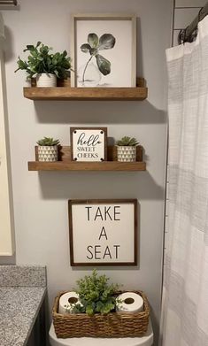 a bathroom with two shelves above the toilet and some plants on top of the shelf