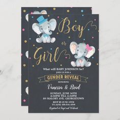 an elephant baby shower is shown with confetti on it's head and the words boy or girl in gold