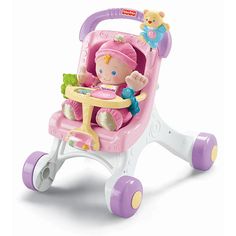 a toy stroller with a teddy bear in the back and purple wheels, on a white background