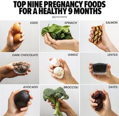 the top nine preserancy foods for a healthy 9 month's life, including broccoli, avocado, egg, spinach, and other vegetables