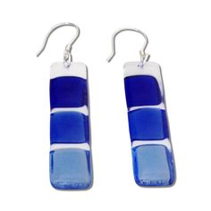 "Beautiful Glass Earrings that feature a long, clear glass rectangle with 3 smaller rectangles in different shades of Navy or Turquoise. These earrings are made by using colorful, rectangular pieces of glass against a Clear Sheet of Glass. Then, they go into the oven at high temperatures so that the colorful and clear glass fuse together, achieving this look. The First picture are the earrings in AQUA, the second ones are NAVY. Made with Fused Glass. Earring hooks are Sterling Silver. Approximat Modern Rectangular Glass Jewelry, Blue Rectangular Earrings, Blue Rectangular Earrings With Ear Wire, Rectangular Clear Earrings For Gift, Earrings Summer, Summer Earrings, Earrings Geometric, Summer Earring, Dangly Earrings