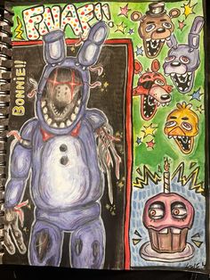 a drawing of an alien with many faces and body parts on it's face