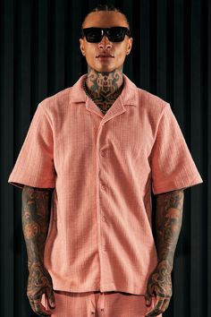 Model Height: 6'4 - Wearing Large Big & Tall: Height 6'5 - Wearing XXXL Available In Mauve. Fold Down Collar Front Button Closure Short Sleeve 62% Cotton, 38% Polyester Pair With "Dean Textured Slim Pant" Imported | Mens Dean Textured Short Sleeve Button Up Shirt in Mauve size Small by Fashion Nova Casual Pink Shirt With Casual Collar, Pink Casual Top With Casual Collar, Casual Pink Top With Casual Collar, Pink Relaxed Fit Casual Short Sleeve Shirt, Pink Casual Short Sleeve Shirt With Relaxed Fit, Casual Relaxed Fit Pink Short Sleeve Shirt, Pink Casual Relaxed Fit Short Sleeve Shirt, Pink Relaxed Fit Collared Short Sleeve Shirt, Pink Collared Short Sleeve Shirt With Relaxed Fit