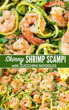 shrimp scampi with zucchini noodles in a pan