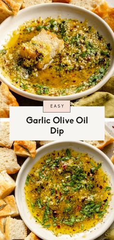 garlic olive oil dip in two bowls with bread on the side