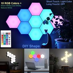 the light up hexagonal wall lamp is shown with different colors