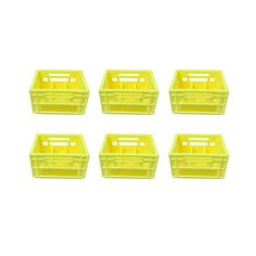 six yellow plastic storage boxes on a white background