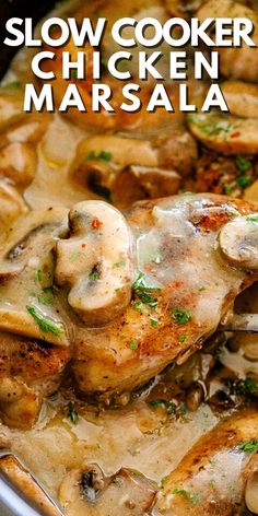 slow cooker chicken marsala with mushrooms and parsley in a white sauce on the side