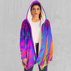 Acidic Drip Cloak - Azimuth Clothing Oversized Hooded Festival Outerwear, Cozy Multicolor Fleece Outerwear, Cozy Oversized Outerwear For Festivals, Edm Rave, Rave Festival, Sherpa Fleece, Definition Prints, Cloak, Home Made