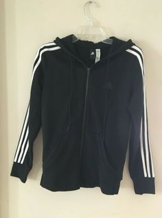 ADIDAS BLACK HOODED JACKET WITH WHITE STRIPES, SIZE SMALL, EXCELLENT CONDITION, SHIPPED IN A PRIORITY MAIL MEDIUM FLAT RATE BOX, FROM A SMOKE FREE HOME, THANK YOU FOR VIEWING. Adidas Cotton Hooded Outerwear, Adidas Hooded Cotton Outerwear, Hooded Outerwear With Three Stripes For Fall, Black Hooded Jacket, Black Adidas, Adidas Jacket, Hooded Jacket, White Stripe, Athletic Jacket