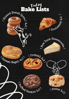 a poster with different types of breads and pastries on it's black background