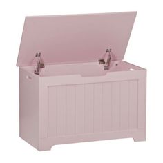 the toy chest is pink and has two doors on each side, with handles for storage