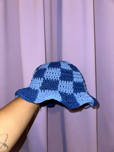 crocher bucket hat in blue checkerboard print Blue Cotton Wide Brim Hat, Blue Cotton Sun Hat One Size Fits Most, Blue Cotton Summer Hat, Blue Cotton Wide Brim Sun Hat, Blue Wide Brim Cotton Sun Hat, Blue Wide-brim Cotton Sun Hat, Trendy Blue Cotton Sun Hat, Blue Fedora Sun Hat - One Size Fits Most, One Size Cotton Brimmed Bucket Hat