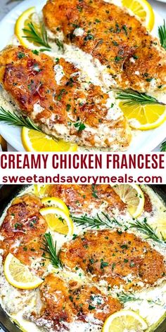 two pictures of chicken with cream sauce and lemons