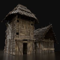 an old wooden house with thatched roof in the middle of a dark room,