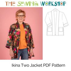 an image of a woman wearing a jacket and jeans with the sewing workshop logo on it