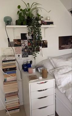 a bed room with a neatly made bed next to a shelf filled with books and plants