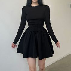 Gothic A-line Mini Dress For Spring, Spring Gothic A-line Mini Dress, Gothic Spring A-line Mini Dress, Casual Fitted A-line Long Sleeve Dress, Gothic Mini Length Dresses For Fall, Gothic Cotton Mini Dress, Black Dress Elegant, Black Long Sleeve Mini Dress, Y2k Punk