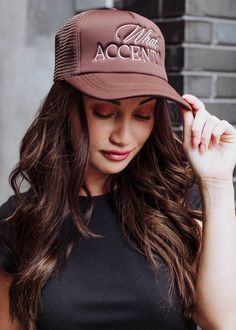 Don't sleep on our new trucker hat collection - it's selling fast! Our brown trucker hat with "What accent?" embroidered on the front is a fun option for year round wear to a country concert or brewery hopping with friends. Brown trucker hat Ivory "What accent?" embroidered on the front Adjustable snapback closure Breathable mesh on the back Designed in the U.S.A. Produced in China. Brown Trucker Hat, Funny Trucker Hat, Women Trucker, Don't Sleep, Country Concerts, Country Concert, Hat Collection, Trucker Cap, Caps Hats