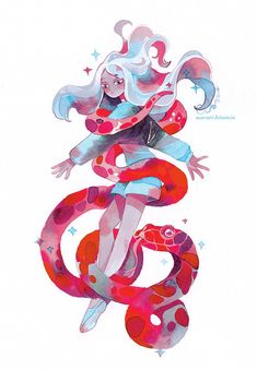 a watercolor painting of a woman with white hair and blue eyes sitting on top of a red snake