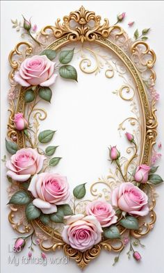 an ornate gold frame with pink roses on it