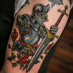 Exclusive Knight Tattoo Files Japanese Knight Tattoo, Sledge Hammer Tattoo, American Traditional Knight Tattoo, Knight Traditional Tattoo, Shoulder Tattoo Traditional, Traditional Knight Tattoo, Medieval Tattoo Ideas, Knight Tattoo Design, Wolf Tattoo Traditional